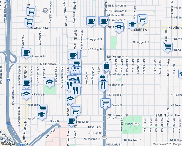 map of restaurants, bars, coffee shops, grocery stores, and more near 129 Northeast Mason Street in Portland