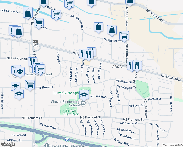 map of restaurants, bars, coffee shops, grocery stores, and more near 4205 Northeast 132nd Place in Portland