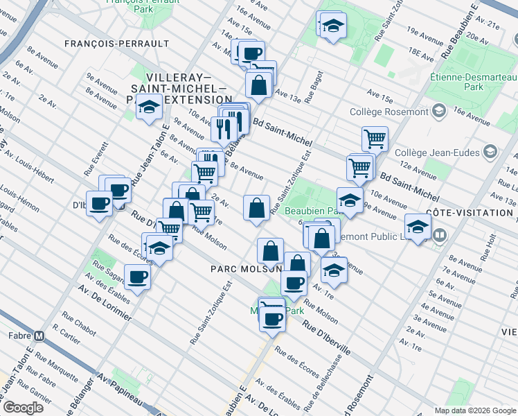 map of restaurants, bars, coffee shops, grocery stores, and more near 6742 6e Avenue in Montréal