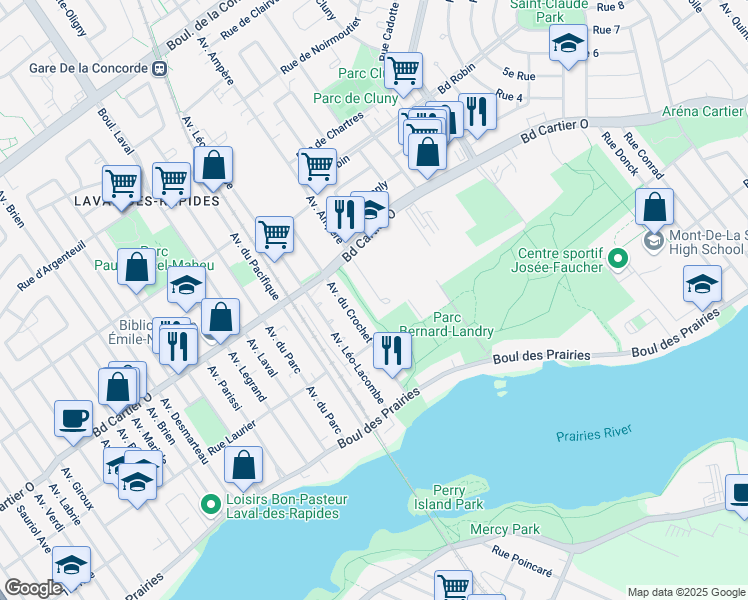 map of restaurants, bars, coffee shops, grocery stores, and more near 110 Place Ampère in Laval