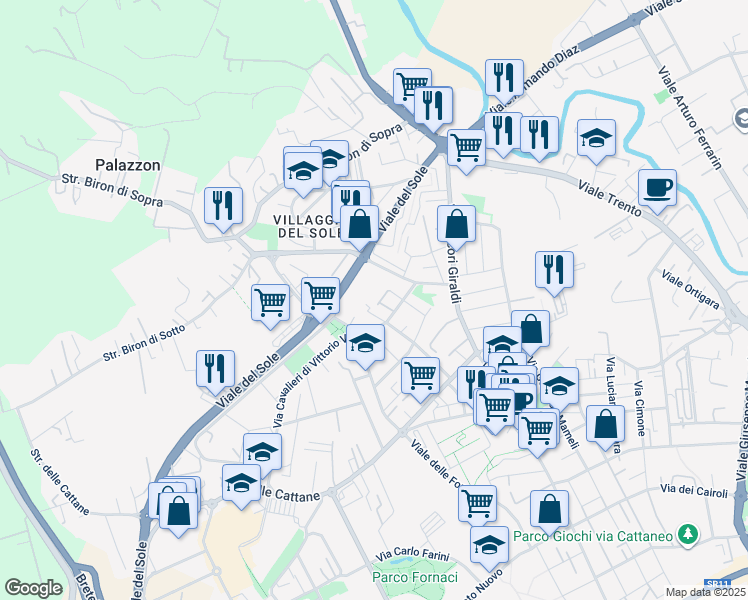 map of restaurants, bars, coffee shops, grocery stores, and more near 62 Via Battaglione Stelvio in Vicenza