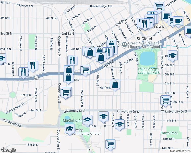 map of restaurants, bars, coffee shops, grocery stores, and more near 117 17th Avenue South in St. Cloud