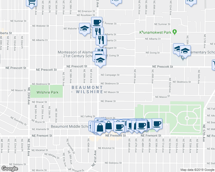 map of restaurants, bars, coffee shops, grocery stores, and more near 4310 Northeast Skidmore Street in Portland