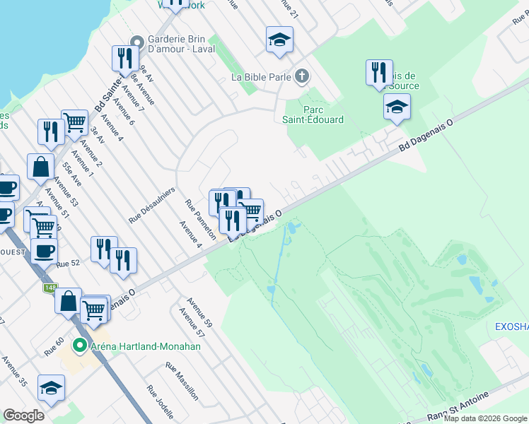 map of restaurants, bars, coffee shops, grocery stores, and more near 625 Place Georges-Dor in Laval