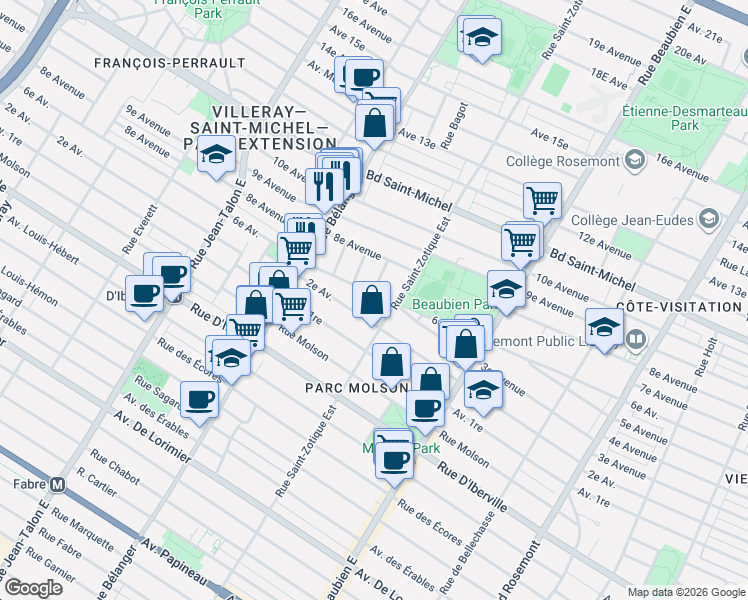 map of restaurants, bars, coffee shops, grocery stores, and more near 6742 6e Avenue in Montréal