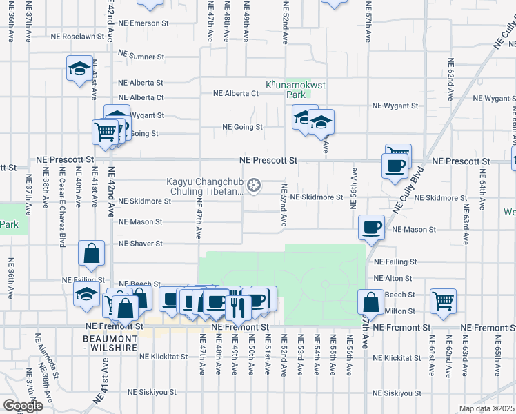 map of restaurants, bars, coffee shops, grocery stores, and more near 4925 Northeast Mason Court in Portland
