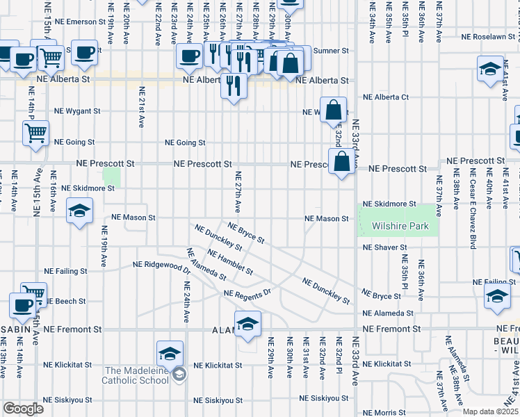 map of restaurants, bars, coffee shops, grocery stores, and more near 4123 Northeast 28th Avenue in Portland