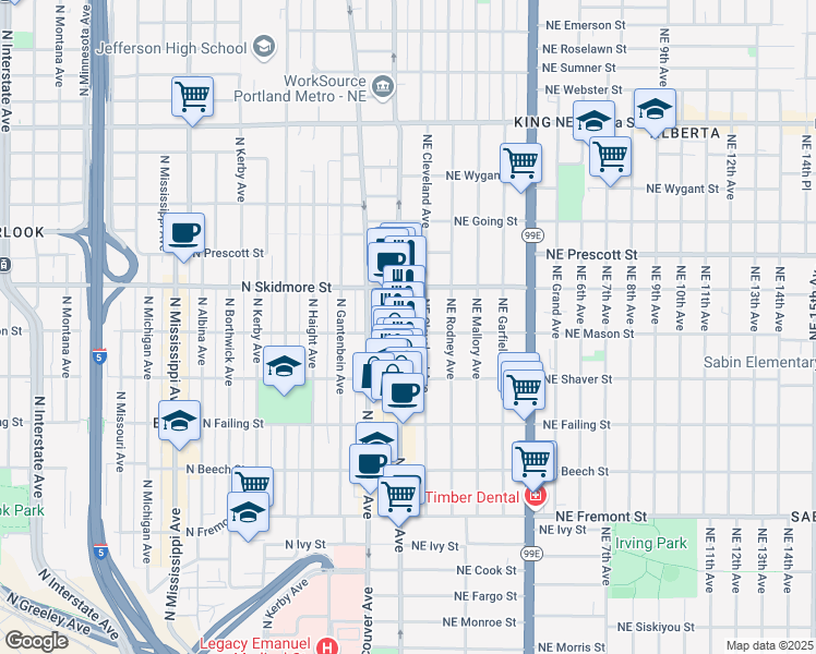map of restaurants, bars, coffee shops, grocery stores, and more near 4133 North Williams Avenue in Portland