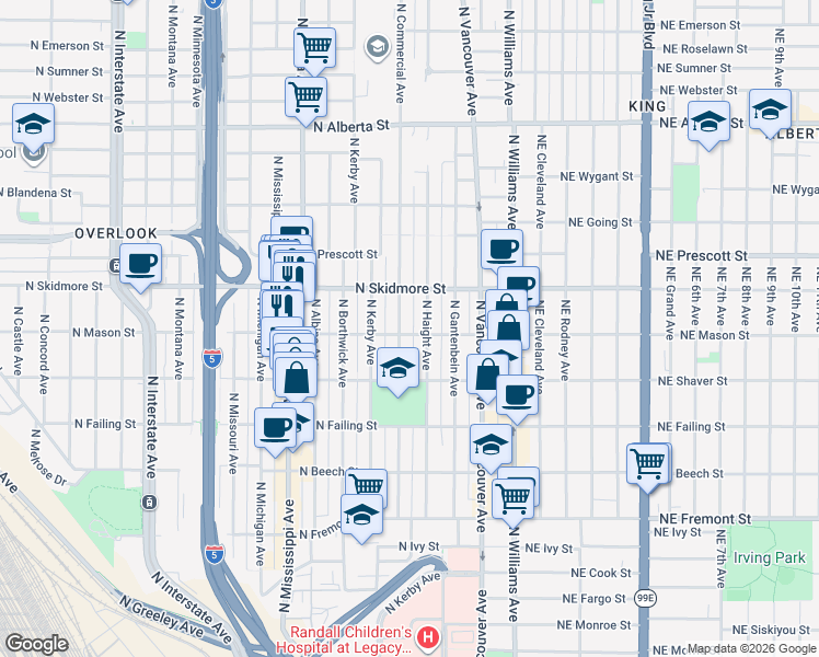 map of restaurants, bars, coffee shops, grocery stores, and more near 4105 North Commercial Avenue in Portland