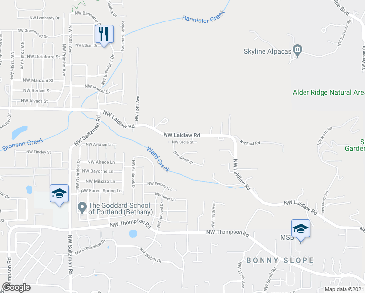 map of restaurants, bars, coffee shops, grocery stores, and more near 11974 Northwest Sadie Street in Portland