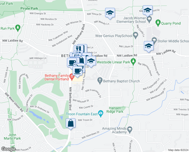 map of restaurants, bars, coffee shops, grocery stores, and more near 1204 Northwest Central Drive in Portland