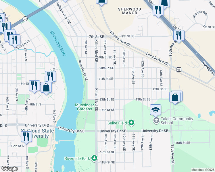 map of restaurants, bars, coffee shops, grocery stores, and more near 1123 8th Avenue Southeast in St. Cloud