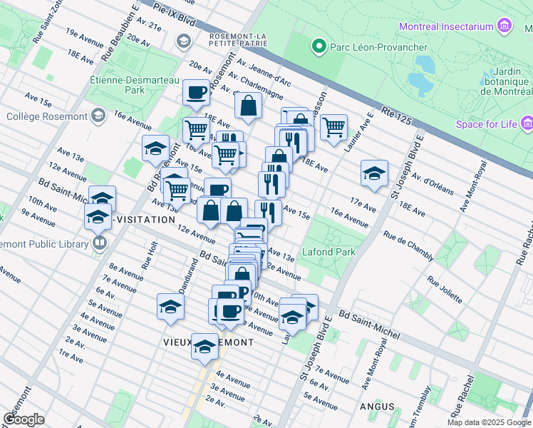 map of restaurants, bars, coffee shops, grocery stores, and more near 5411 14e Avenue in Montréal