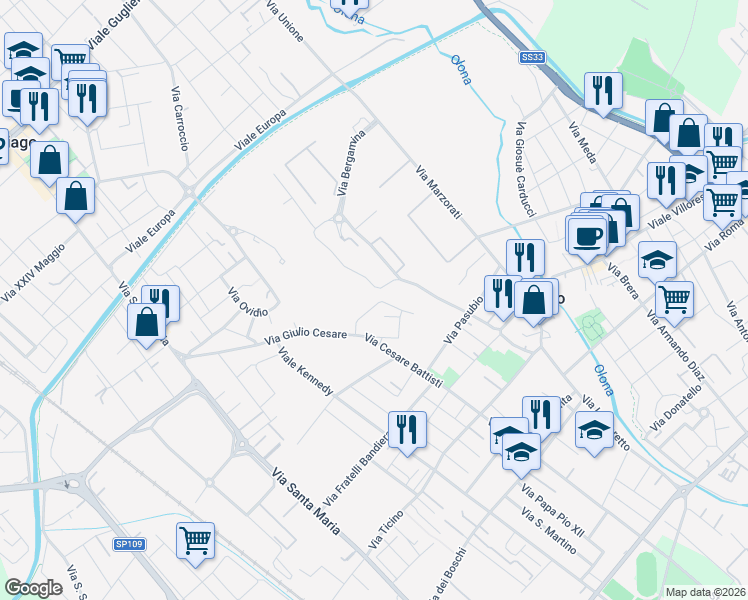 map of restaurants, bars, coffee shops, grocery stores, and more near 13 Via Fratelli di Dio in Nerviano