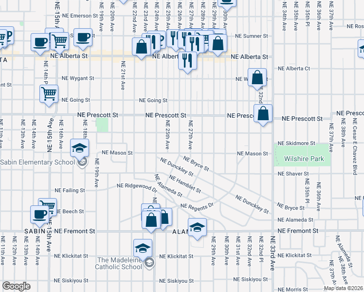 map of restaurants, bars, coffee shops, grocery stores, and more near 4122 Northeast 26th Avenue in Portland