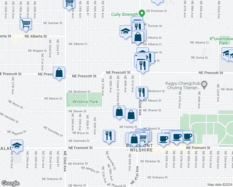 map of restaurants, bars, coffee shops, grocery stores, and more near 3836 Northeast Skidmore Street in Portland
