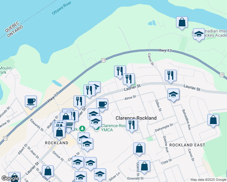 map of restaurants, bars, coffee shops, grocery stores, and more near 1240 Laurier Street in Clarence-Rockland