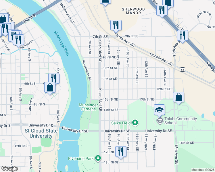 map of restaurants, bars, coffee shops, grocery stores, and more near 1123 8th Avenue Southeast in St. Cloud