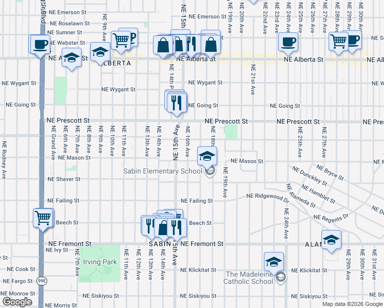 map of restaurants, bars, coffee shops, grocery stores, and more near 4126 Northeast 16th Avenue in Portland