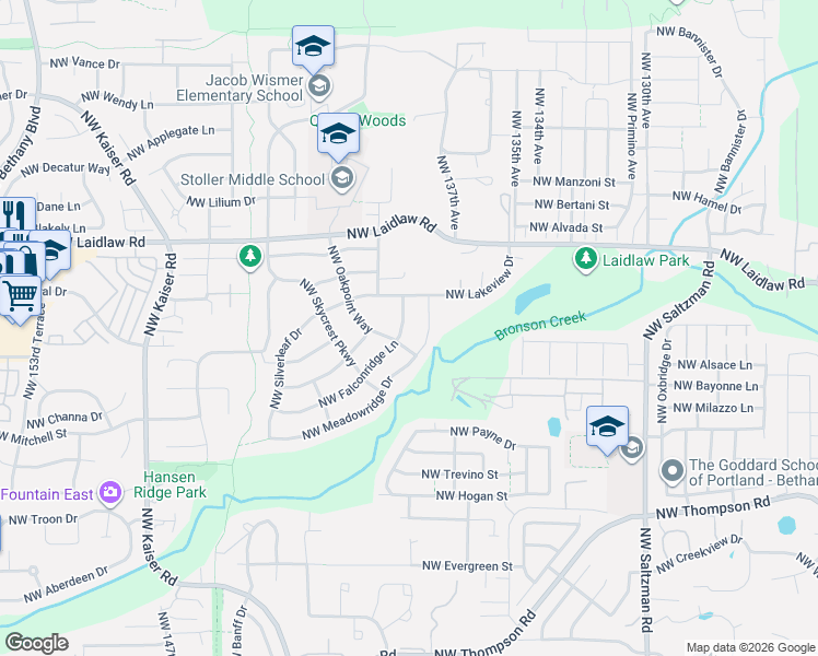 map of restaurants, bars, coffee shops, grocery stores, and more near 13870 Northwest Falconridge Lane in Portland