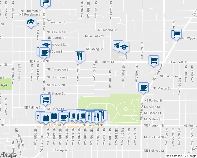 map of restaurants, bars, coffee shops, grocery stores, and more near 4925 Northeast Mason Court in Portland