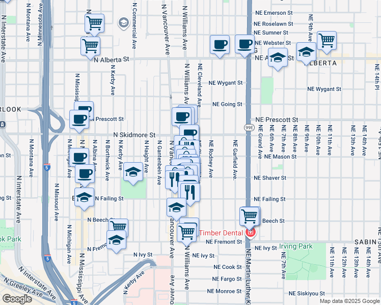 map of restaurants, bars, coffee shops, grocery stores, and more near 4116 North Williams Avenue in Portland