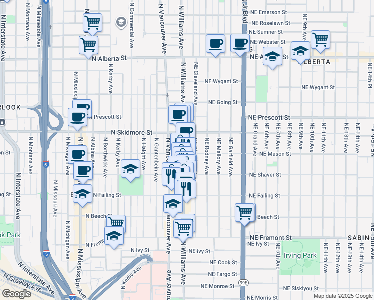 map of restaurants, bars, coffee shops, grocery stores, and more near 4116 North Williams Avenue in Portland