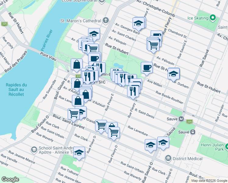 map of restaurants, bars, coffee shops, grocery stores, and more near 550 Rue Prieur Est in Montréal