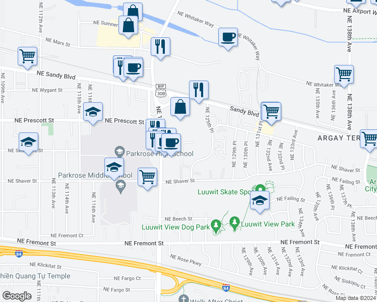 map of restaurants, bars, coffee shops, grocery stores, and more near 4121 Northeast 125th Place in Portland