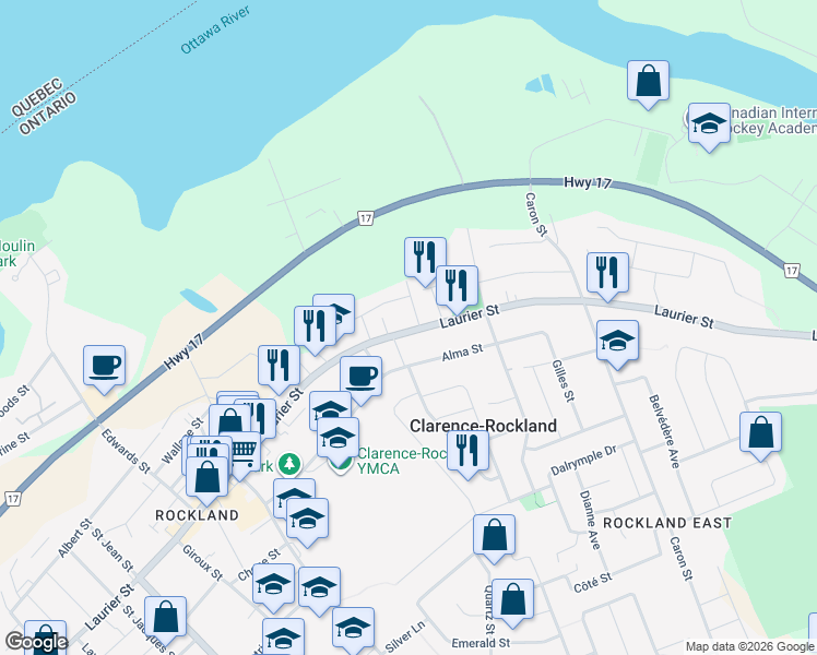 map of restaurants, bars, coffee shops, grocery stores, and more near 1200 Laurier Street in Clarence-Rockland