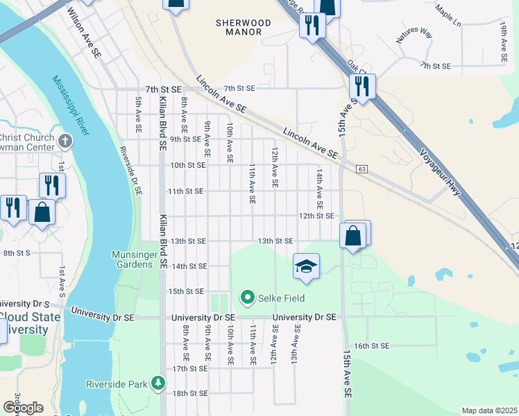 map of restaurants, bars, coffee shops, grocery stores, and more near 1120 11th Avenue Southeast in St. Cloud