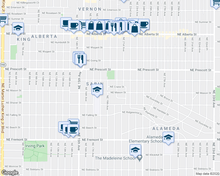map of restaurants, bars, coffee shops, grocery stores, and more near 4130 Northeast 19th Avenue in Portland