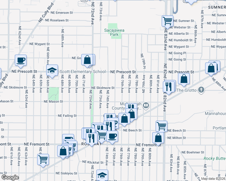 map of restaurants, bars, coffee shops, grocery stores, and more near 4229 Northeast 75th Avenue in Portland