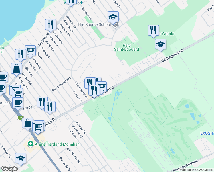 map of restaurants, bars, coffee shops, grocery stores, and more near 625 Place Georges Dor in Laval