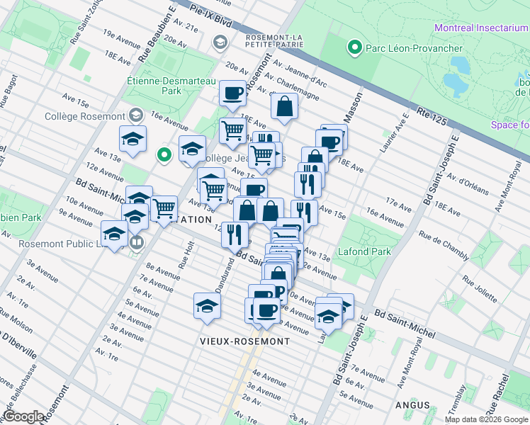 map of restaurants, bars, coffee shops, grocery stores, and more near 5535 Rue Lafond in Montréal