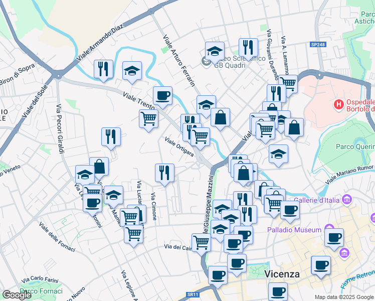map of restaurants, bars, coffee shops, grocery stores, and more near 10 Viale Ortigara in Vicenza