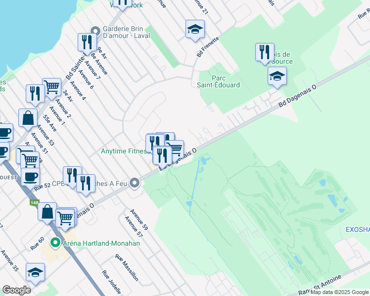 map of restaurants, bars, coffee shops, grocery stores, and more near 625 Place Georges Dor in Laval