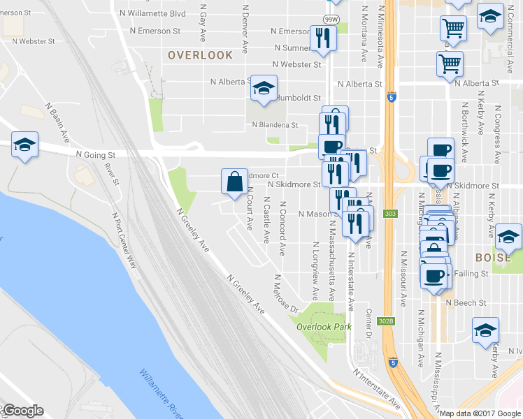 map of restaurants, bars, coffee shops, grocery stores, and more near 4105 N Castle Ave in Portland