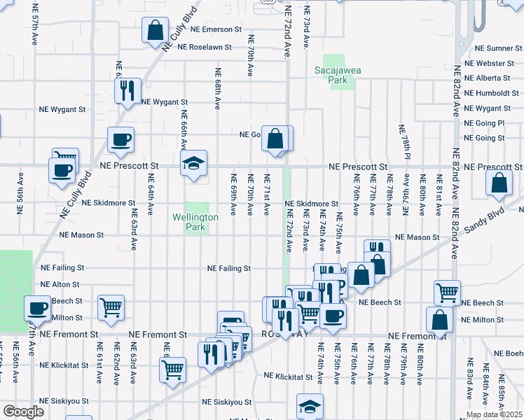map of restaurants, bars, coffee shops, grocery stores, and more near 4233 Northeast 71st Avenue in Portland