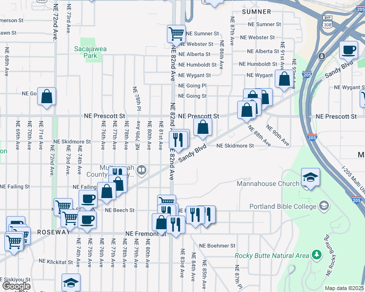 map of restaurants, bars, coffee shops, grocery stores, and more near 4241 Cascade Highway in Portland