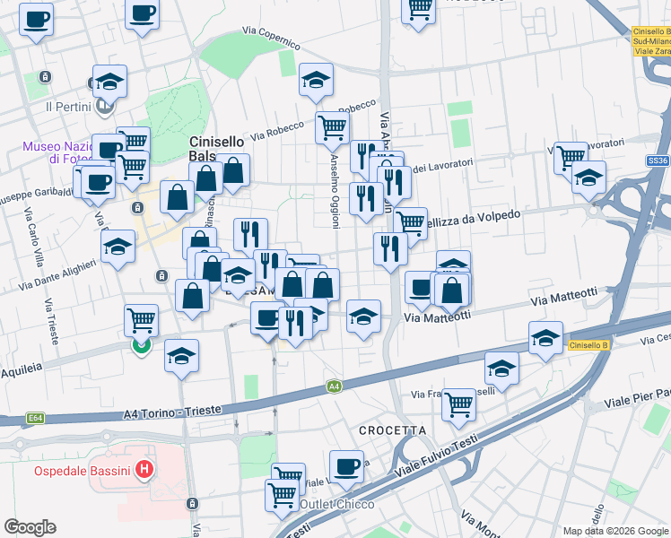 map of restaurants, bars, coffee shops, grocery stores, and more near 7 Via Tommaso Campanella in Cinisello Balsamo