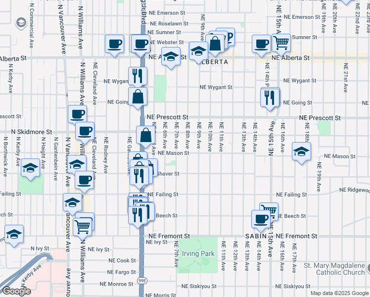 map of restaurants, bars, coffee shops, grocery stores, and more near 4113 Northeast 8th Avenue in Portland