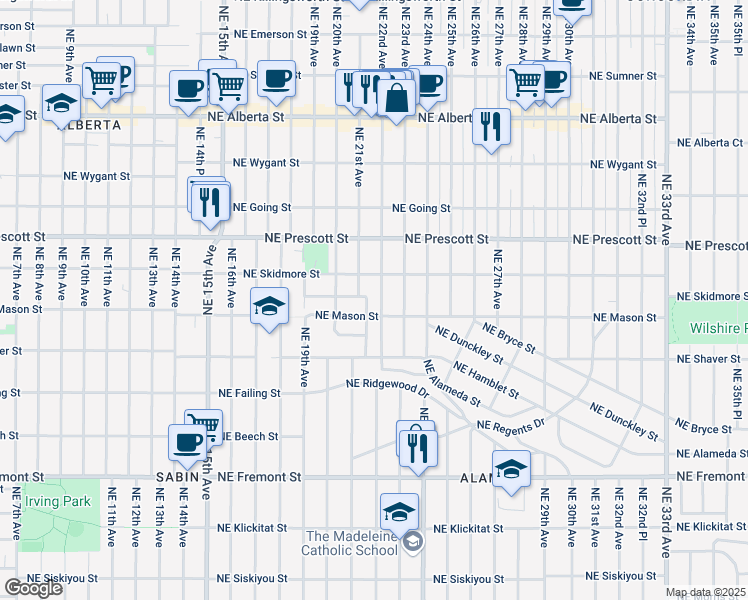 map of restaurants, bars, coffee shops, grocery stores, and more near 4131 Northeast 22nd Avenue in Portland