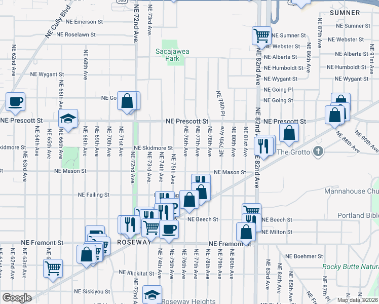 map of restaurants, bars, coffee shops, grocery stores, and more near 4222 Northeast 76th Avenue in Portland
