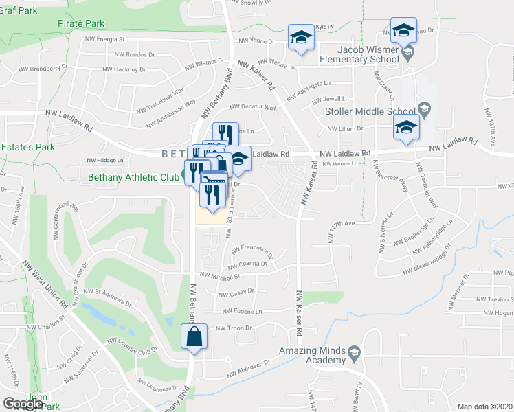 map of restaurants, bars, coffee shops, grocery stores, and more near 15050 Northwest Central Drive in Portland