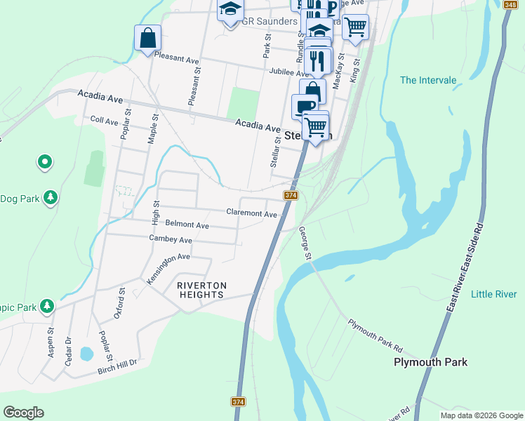 map of restaurants, bars, coffee shops, grocery stores, and more near 18 Claremont Avenue in Stellarton