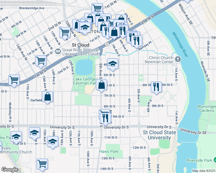 map of restaurants, bars, coffee shops, grocery stores, and more near 601 8th Avenue South in St. Cloud