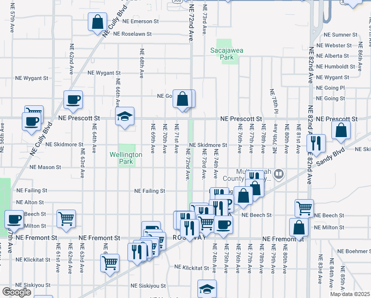 map of restaurants, bars, coffee shops, grocery stores, and more near 4231 Northeast 72nd Avenue in Portland