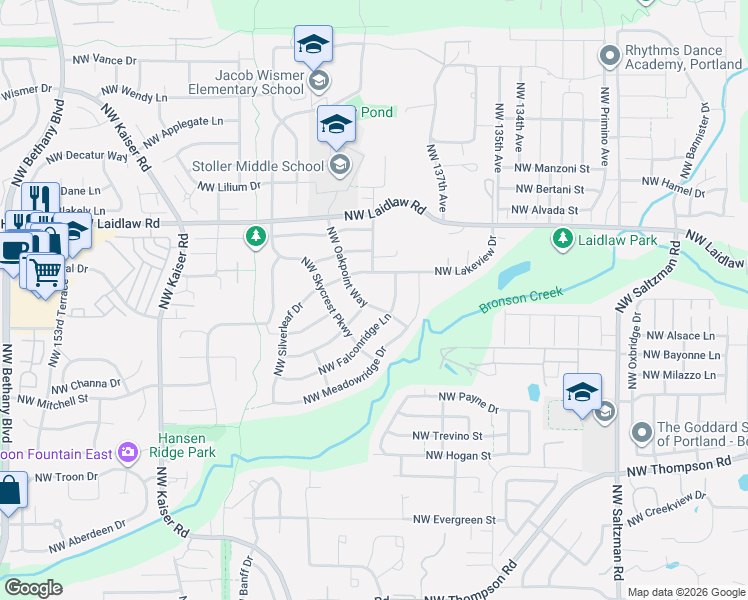 map of restaurants, bars, coffee shops, grocery stores, and more near 4592 Northwest Oakpoint Way in Portland