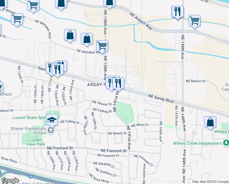 map of restaurants, bars, coffee shops, grocery stores, and more near 13852 Northeast Sandy Boulevard in Portland